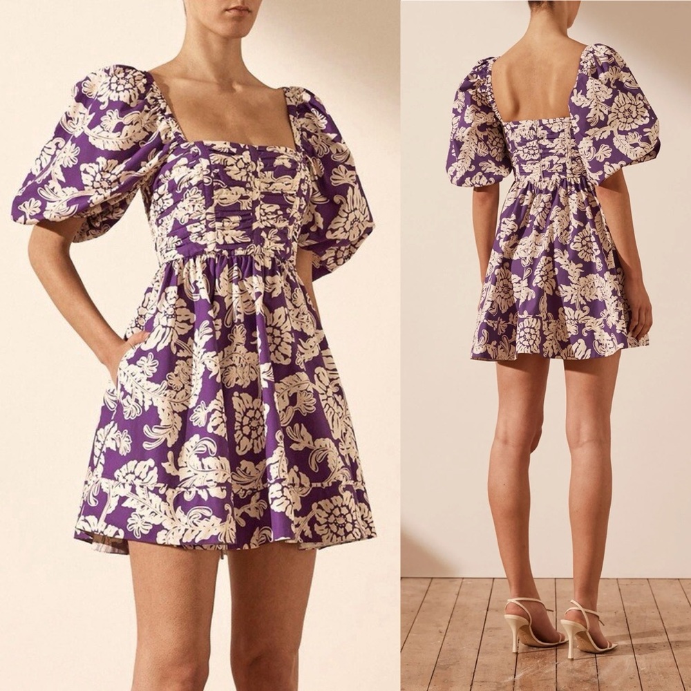 Shona Joy Verlaine Short Sleeve Ruched Panel Mini Dress Purple Size 2 US